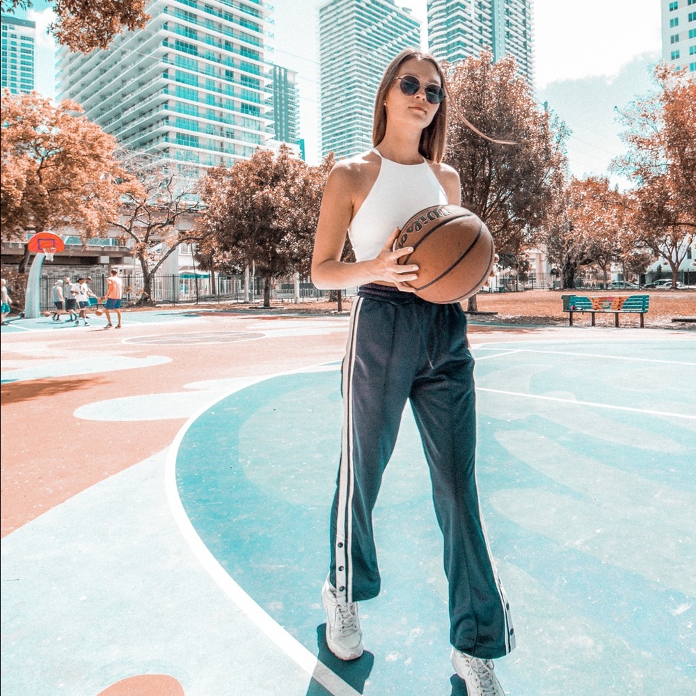 Blue Track Pants with White Stripe